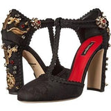 Black Embellished Sacred Heart Brocade Heeled Shoes - DESIGNER INSPIRED FASHIONS
