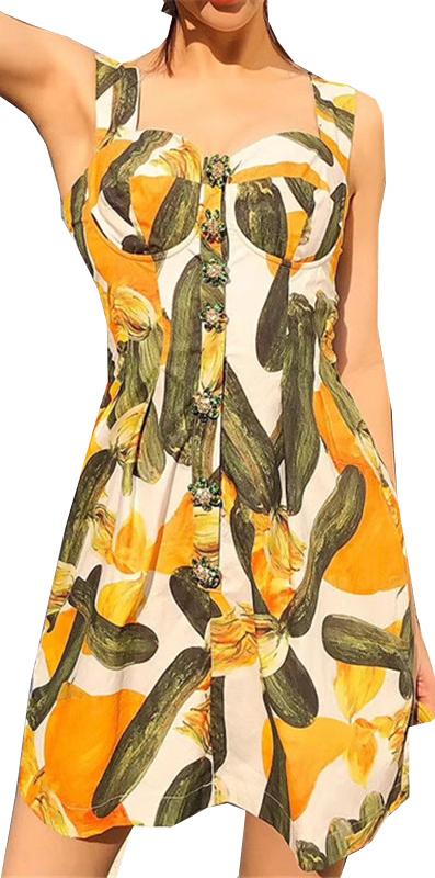 Crystal-Buttoned Vegetable Print Bustier Dress