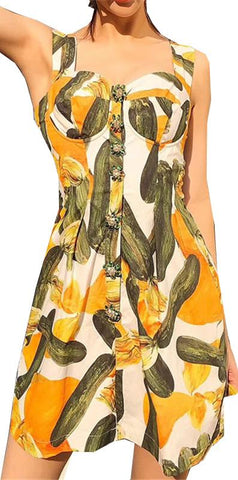 Crystal-Buttoned Vegetable Print Bustier Dress