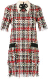 Bow-Embroidered Plaid Tweed Dress