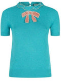 Embellished Ribbon Knit Short-Sleeve Sweater