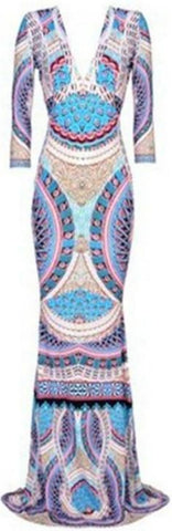 Long Printed V-Neck Jersey Silk Gown - DESIGNER INSPIRED FASHIONS