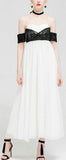 Lace-Paneled Open-Shoulder Long Silk Color-Contrast Dress - DESIGNER INSPIRED FASHIONS
