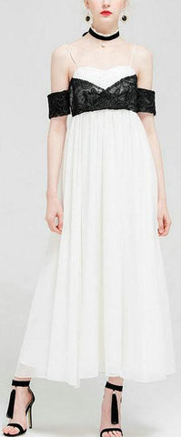 Lace-Paneled Open-Shoulder Long Silk Color-Contrast Dress - DESIGNER INSPIRED FASHIONS