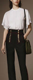 Pleated Sequin Stripe White Blouse & Double-Sided Button Embellished Black Pants - DESIGNER INSPIRED FASHIONS