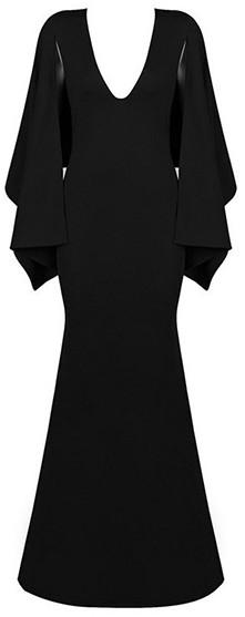 Black Long Cape V-Neck Stretch Dress - DESIGNER INSPIRED FASHIONS