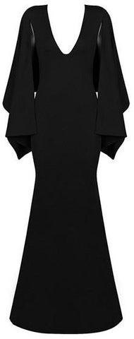 Black Long Cape V-Neck Stretch Dress - DESIGNER INSPIRED FASHIONS