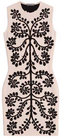 Floral Embroidered Intarsia Dress-Apricot