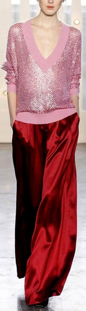 Pink V-Neck Sequin Embellished Sweater & Red Wide-Leg Pants - DESIGNER INSPIRED FASHIONS