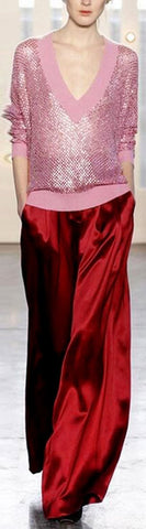 Pink V-Neck Sequin Embellished Sweater & Red Wide-Leg Pants - DESIGNER INSPIRED FASHIONS