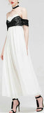 Lace-Paneled Open-Shoulder Long Silk Color-Contrast Dress - DESIGNER INSPIRED FASHIONS