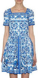 Tile Printed Squared Neck A-Line Dress in Blue & White - DESIGNER INSPIRED FASHIONS