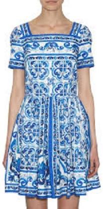 Tile Printed Squared Neck A-Line Dress in Blue & White - DESIGNER INSPIRED FASHIONS