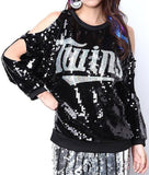 Sequin Embellished Cold-Shoulder Sweatshirt in Black or Silver - DESIGNER INSPIRED FASHIONS