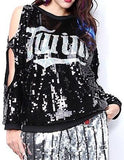 Sequin Embellished Cold-Shoulder Sweatshirt in Black or Silver - DESIGNER INSPIRED FASHIONS