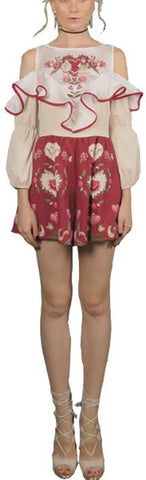 Embroidered Cold-Shoulder Ruffle Playsuit