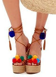 'Holi' Pom Pom Wrap Wedge Sandals - DESIGNER INSPIRED FASHIONS