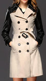 Double-Breasted Faux-Leather-Sleeve Trench Coat - DESIGNER INSPIRED FASHIONS