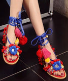 Multicolor Pompom & Tassels Leather Sandals - DESIGNER INSPIRED FASHIONS