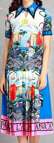 Printed Top and Pleated Skirt Set