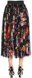 Black Flowers & Space Print Chiffon Midi Skirt.