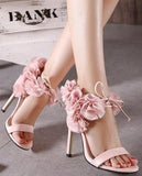 Ruffled Flower-Ankle Leather Sandals in Pink or Black - DESIGNER INSPIRED FASHIONS