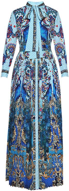 Paisley Peacock Print Dress with Neck-Tie