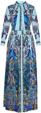 Paisley Peacock Print Dress with Neck-Tie