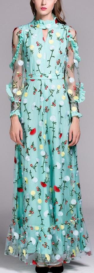 Long Floral-Embroidery Ruffle Gown in Turquoise - DESIGNER INSPIRED FASHIONS