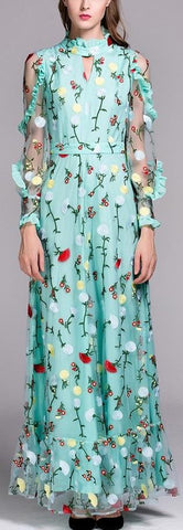 Long Floral-Embroidery Ruffle Gown in Turquoise - DESIGNER INSPIRED FASHIONS
