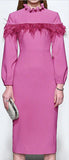 Feather-Trim High-Collar Dress