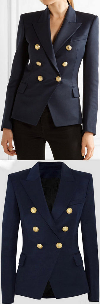 Double-Breasted Cotton-Blend Blazer-Dark Blue - DESIGNER INSPIRED FASHIONS