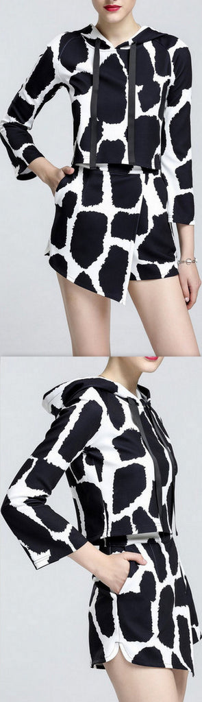 Cow Print Hooded Crop Top & Asymmetric Short Set