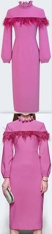 Feather-Trim High-Collar Dress