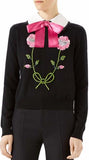 Floral Embroidered Sweater with Bow-Tie