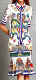 Japanese Print Short-Sleeve Shirt and Flared Skirt Set