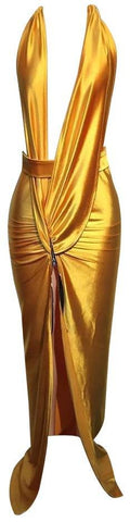 Gold Ruched Zipper-Slit Sleeveless Gown - DESIGNER INSPIRED FASHIONS