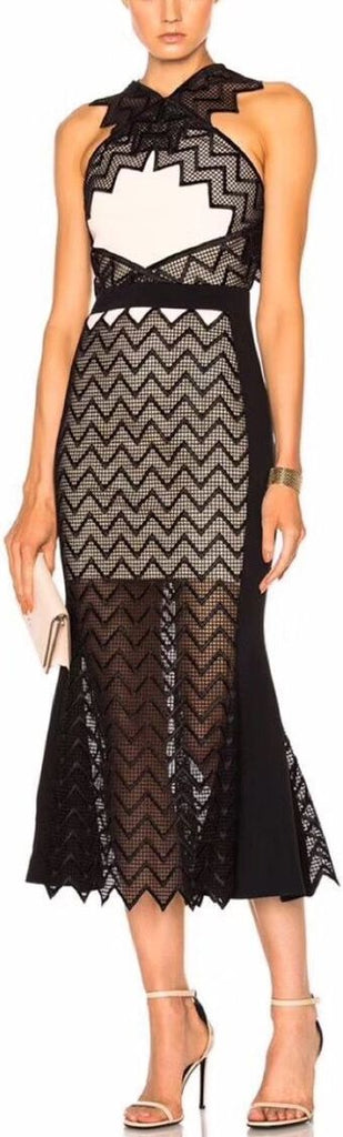 Black Zig-Zag Macrame Midi Dress