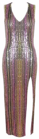 Sequin-Embellished Long V-Neck Gown
