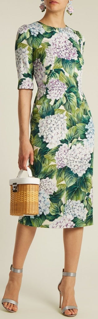 Hydrangea-Print Fitted Dress
