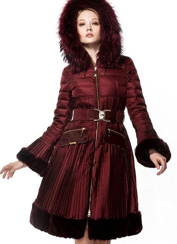 Belted Fur-Trimmed Pleated Down Coat in Red - DESIGNER INSPIRED FASHIONS