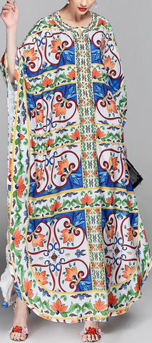 Majolica Print Multicolored Kaftan Dress - DESIGNER INSPIRED FASHIONS