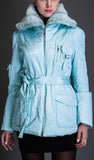 Rabbit Fur Collar Short Coat, Light Blue