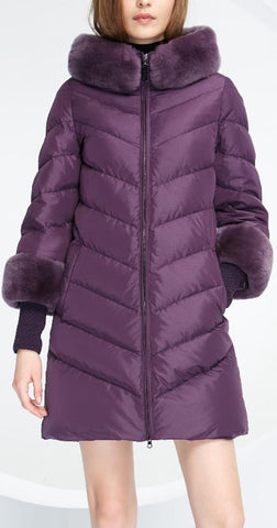 Rabbit Fur-Trimmed Puffer Down Coat, Purple