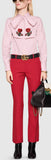 3 Pc Set Includes: Red Ruffle Single Breasted Jacket, Matching Red Dress Pants & Embroidered Pink Oxford Shirt with Bow - DESIGNER INSPIRED FASHIONS