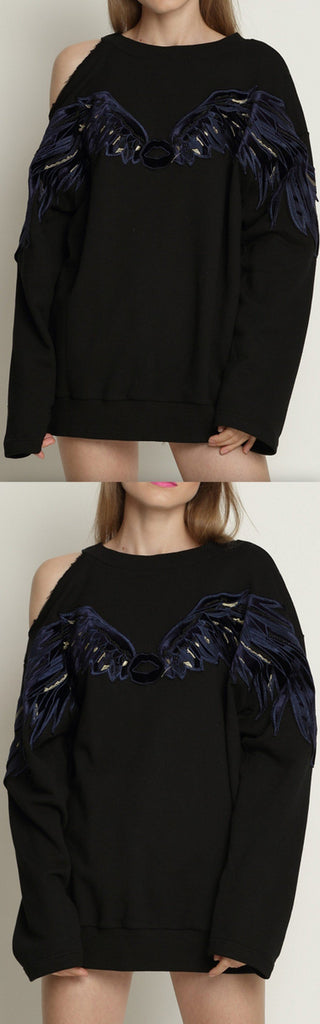 Wing-Embroidered Cold-Shoulder Sweatshirt, Black