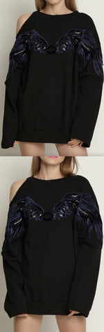 Wing-Embroidered Cold-Shoulder Sweatshirt, Black