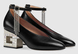 Mid-Heel Pump with Crystal G Heel, Black | DESIGNER INSPIRED FASHIONS