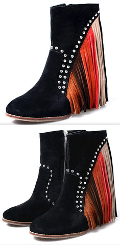 Studded Black Suede Ankle Boots with Multicolored Tassels