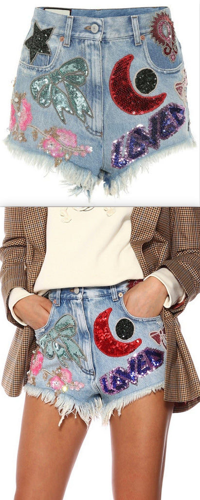 Sequinned Denim Shorts